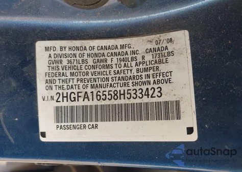 2008 Honda Civic Lx из США, поврежденный, VIN 2HGFA16558H533423